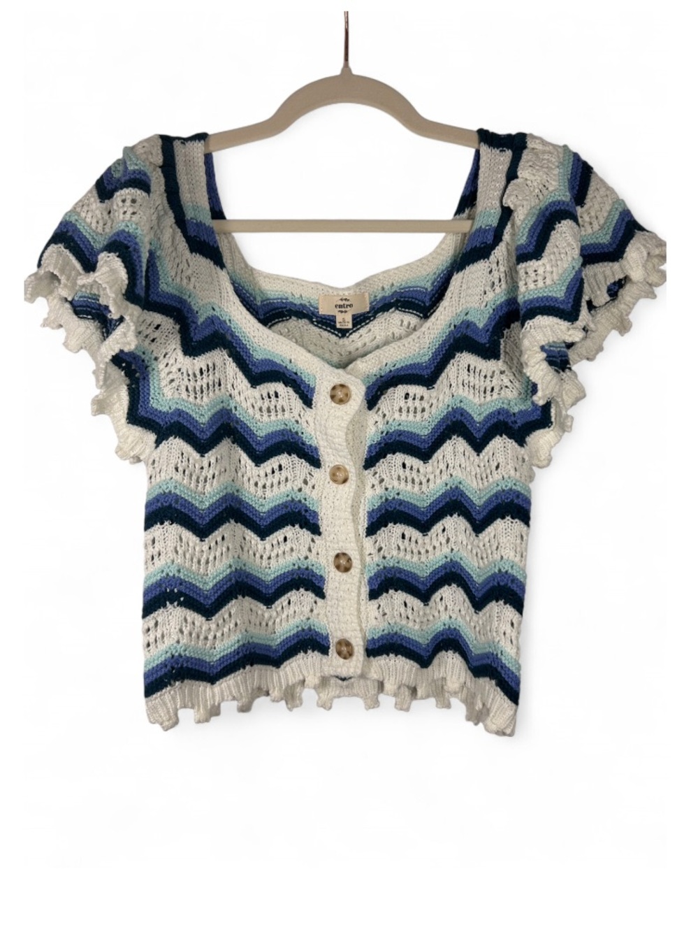 Entro crochet knit crop top, square neckline, wavy blue and white stripes Size S